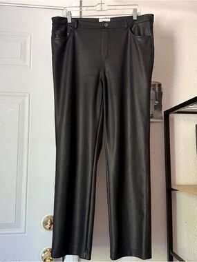 MARCELLA NYC black knit pu pleather faux leather wide straight leg pants stretch